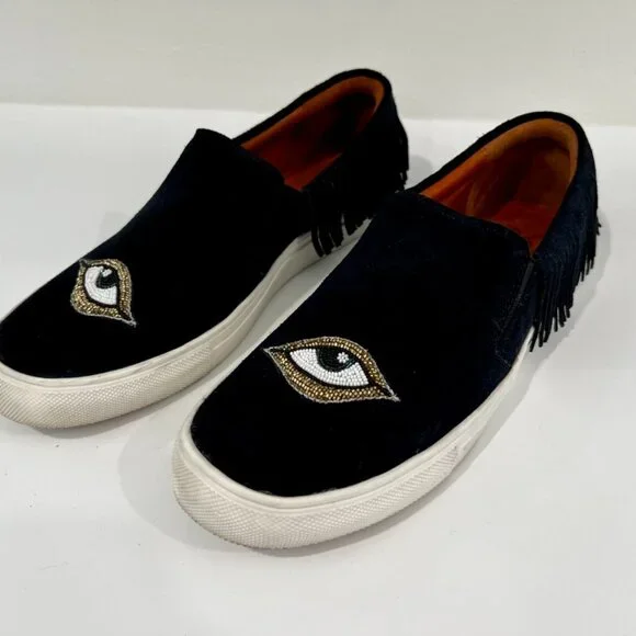 FIGUE Suede Fringe Evil Eye Slip on Shoes 7.5 Bohemian Moccasin - Picture 2 of 6